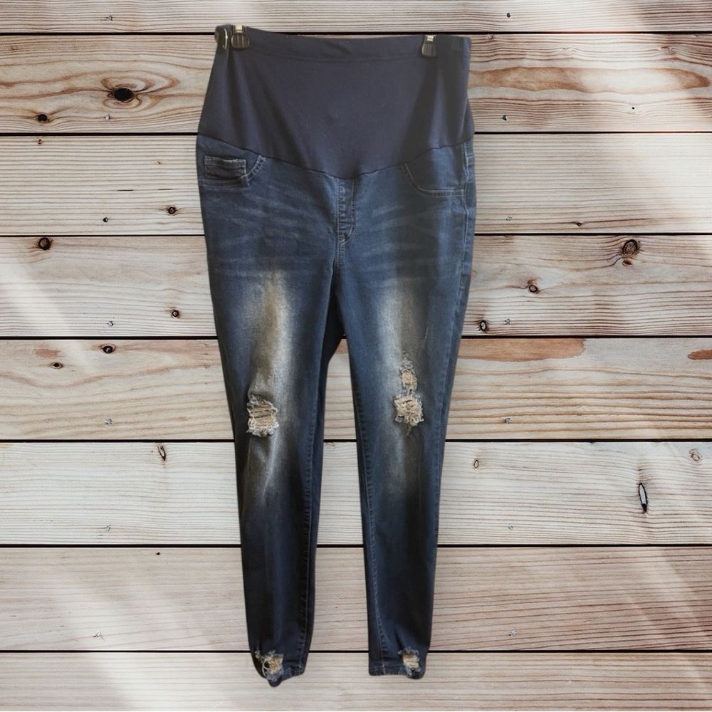 Stylish Large Blue Distressed Stretchy Women's Maternity Jeans
